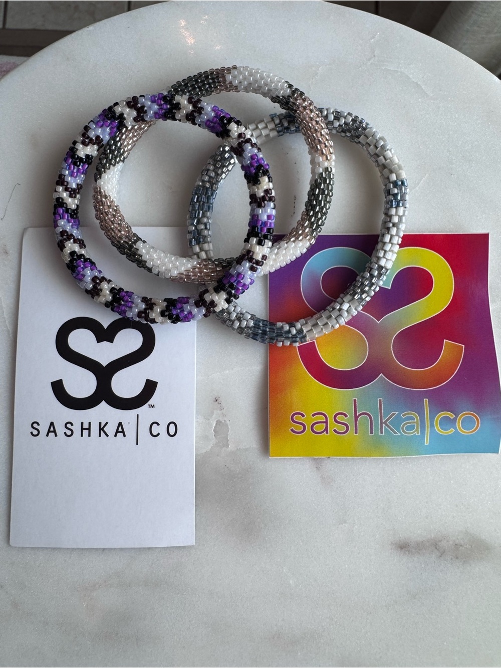 Sashka Co. Purple, Black & White Beaded Bracelet Set